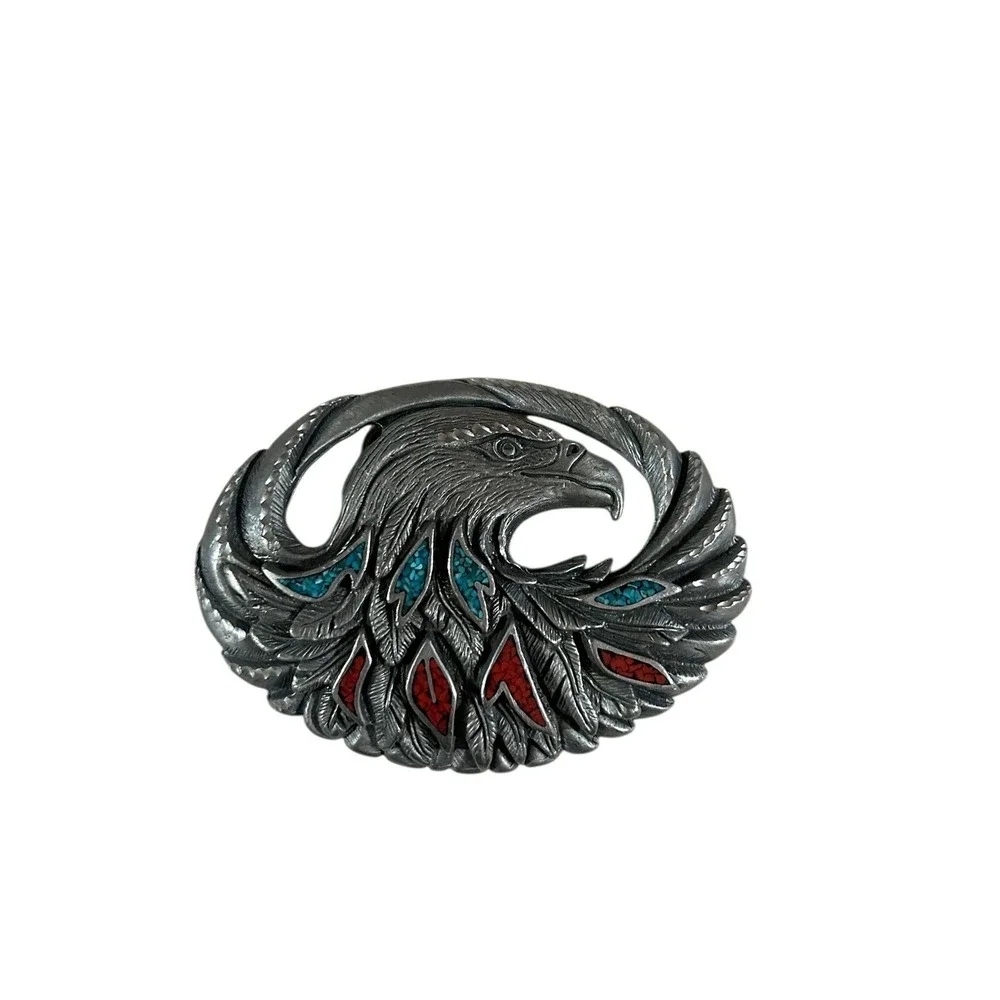 Turquoise Coral Eagle Biker Veteran Native American 2002 Vintage‎ Belt Buckle